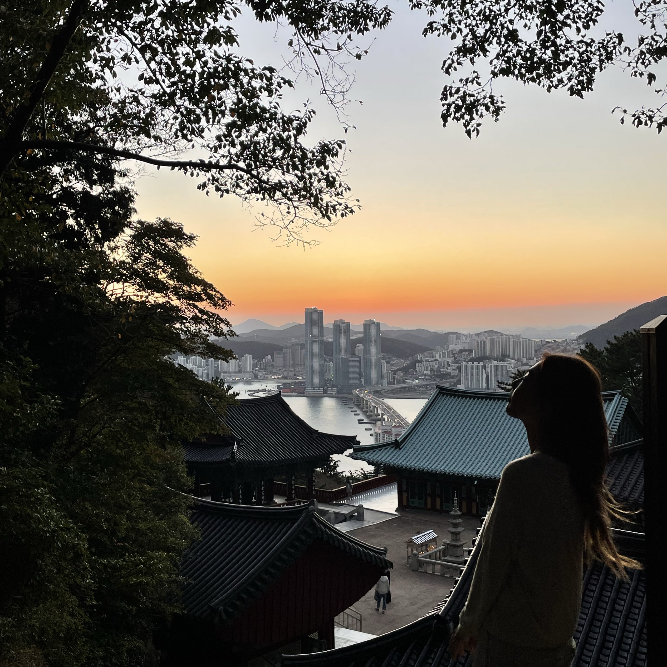 영도 복천사 전각 너머로 내려다보이는 부산 남항의 해질녘 풍경